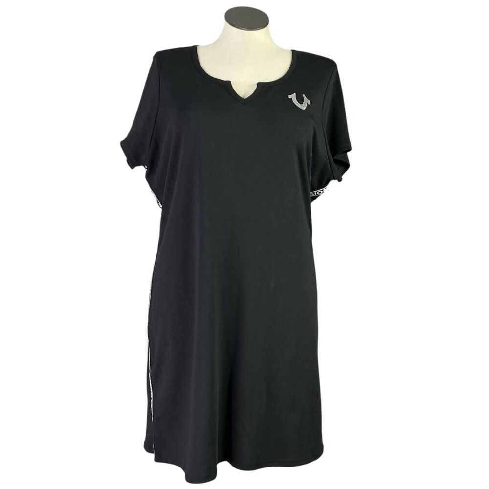 True Religion Taping Tee Dress Womens 2X Black Knit Short Sleeve Plus Size NEW